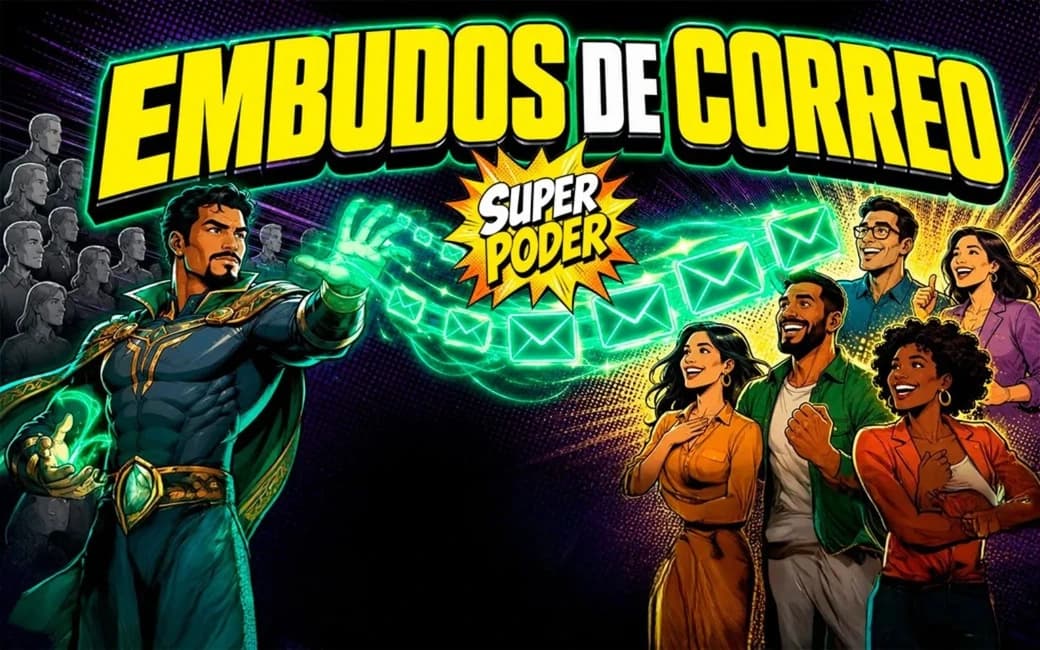 Héroe cómic dirigiendo secuencia de correos que forma un embudo