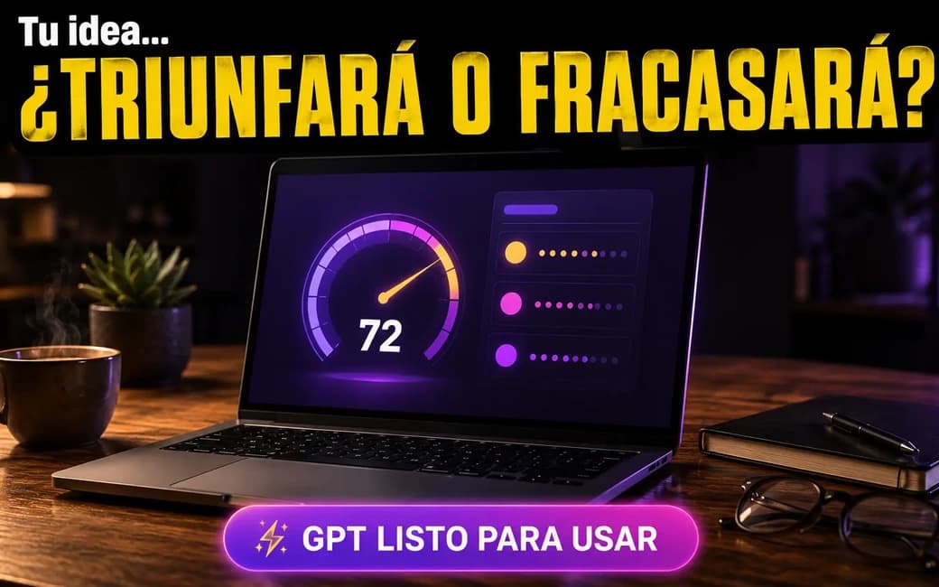 Portada del asistente Validador Brutal: emprendedor leyendo en su laptop el análisis honesto que la IA hizo de su idea de negocio.