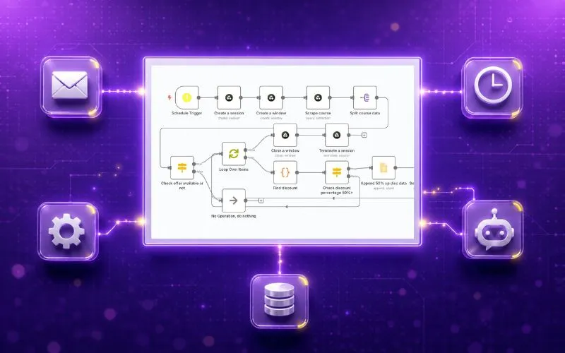 Diagrama de un flujo de automatización conectando nodos: disparador programado, extracción de datos, condiciones, bucle y envío de notificación.
